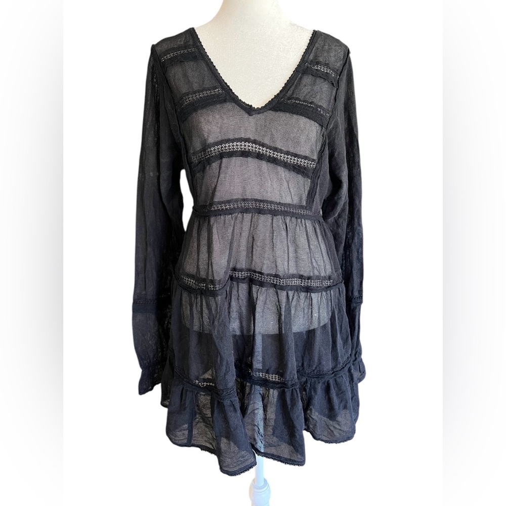 FREE‎ PEOPLE Berlin Black Mesh Long-Sleeved Mini Dress Boho Lace Size S